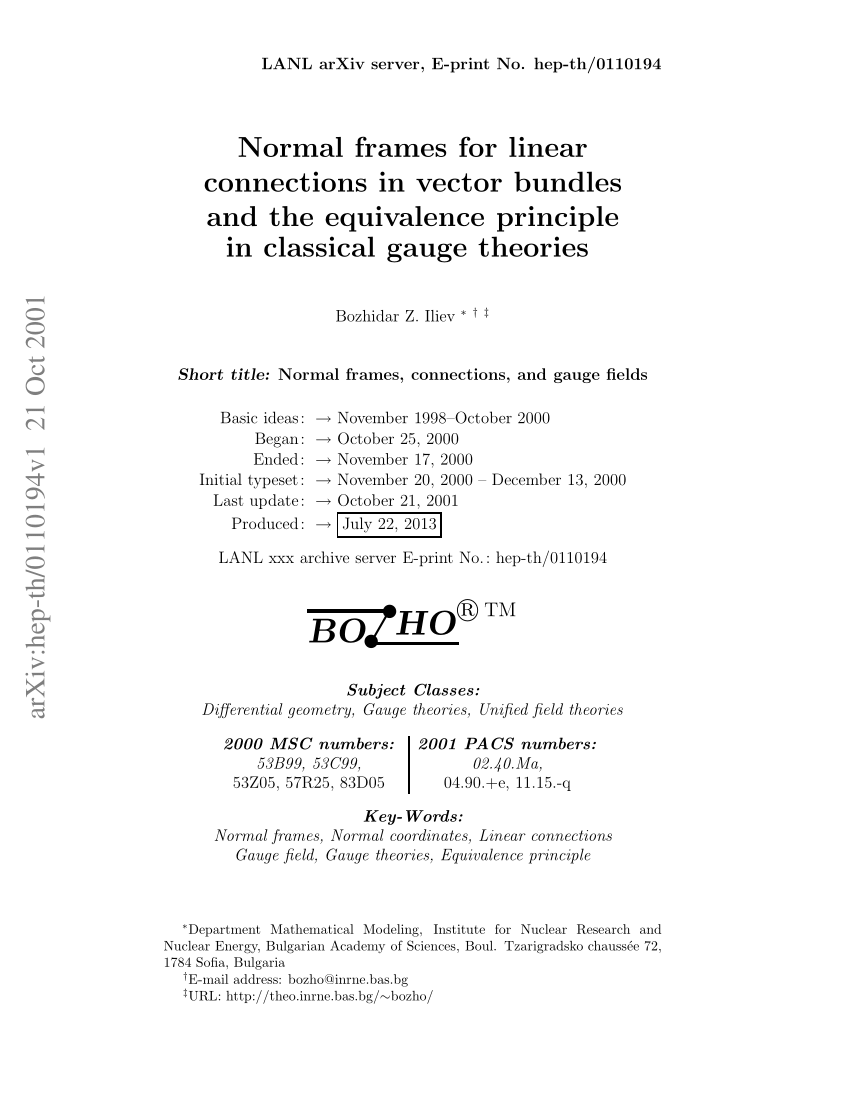Pdf Normal Frames For Derivations And Linear Connections And The Equivalence Principle