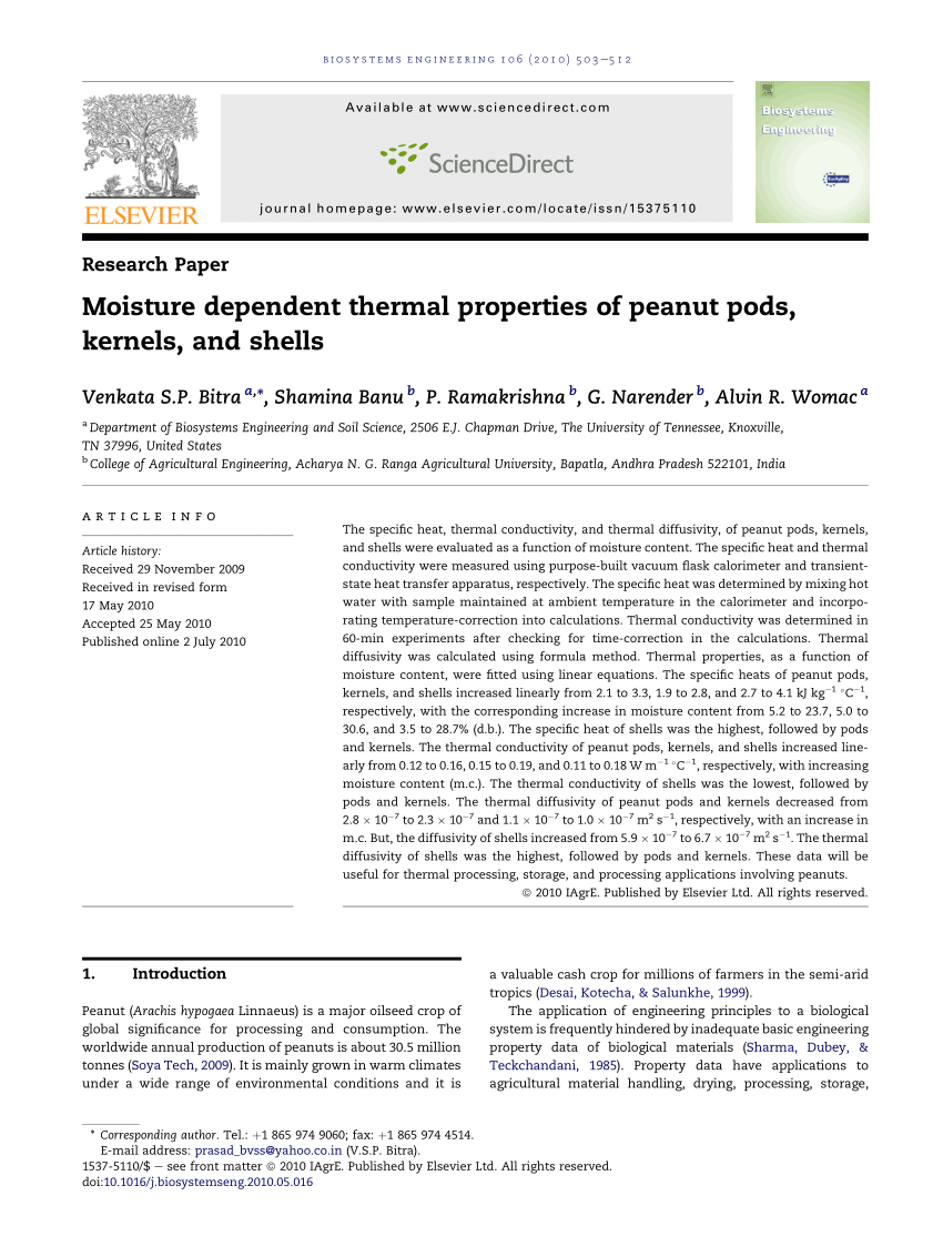Pdf Moisture Dependent Thermal Properties Of Peanut Pods Kernels And Shells