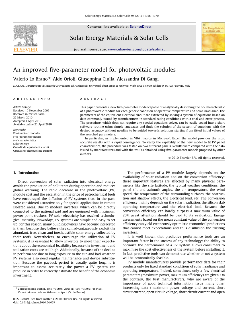 Pdf An Improved Five Parameter Model For Photovoltaic Modules