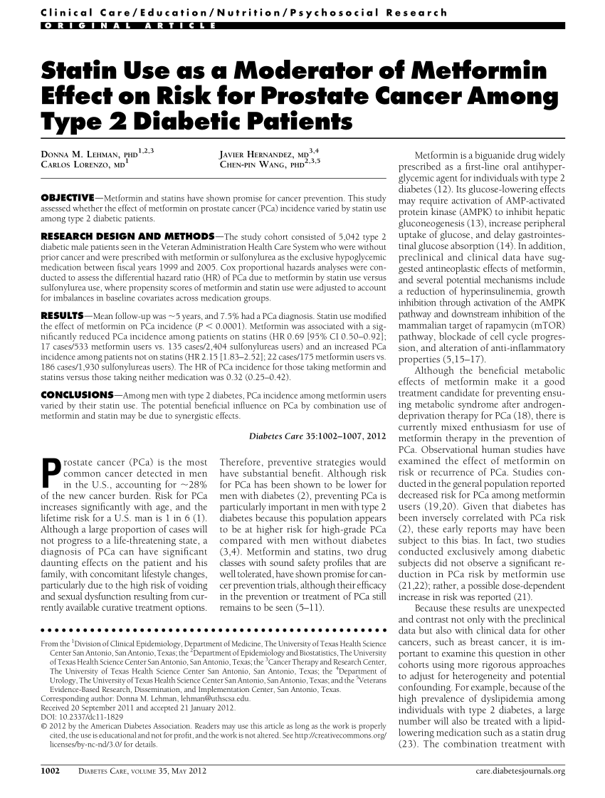 Pdf Statin Use As A Moderator Of Metformin Effect On Risk For Prostate Cancer Among Type 2 Diabetic Patients