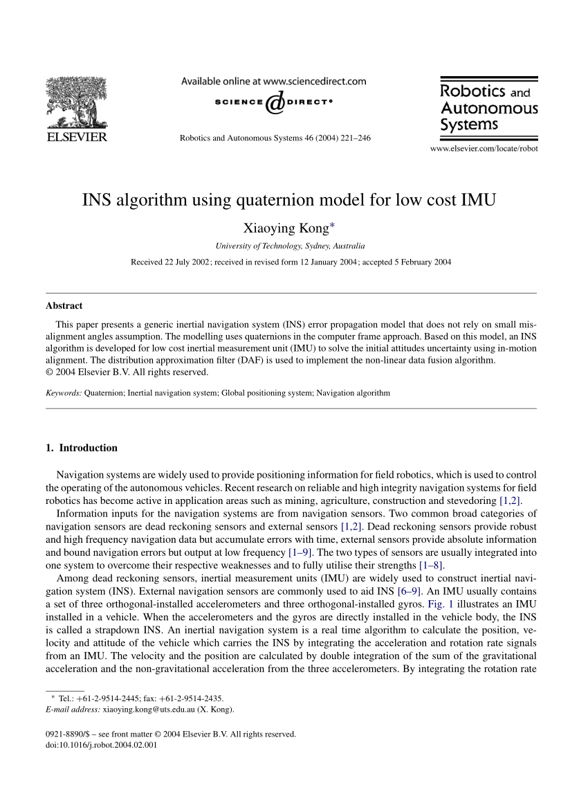 (PDF) INS algorithm using quaternon model for low cost IMU