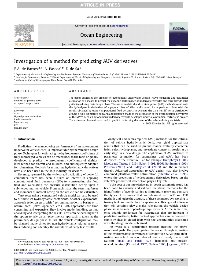 Pdf Investigation Of A Method For Predicting Auv Derivatives