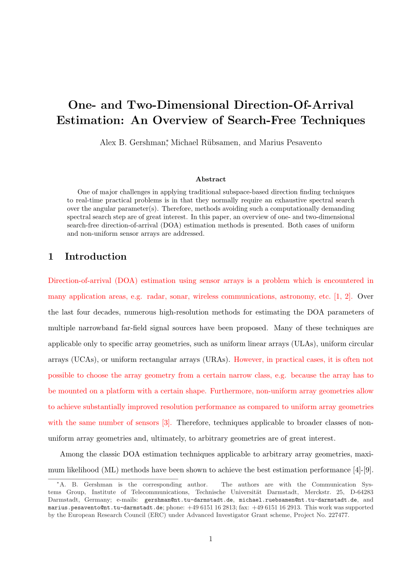 Pdf One And Two Dimensional Direction Of Arrival Estimation An Overview Of Search Free Techniques