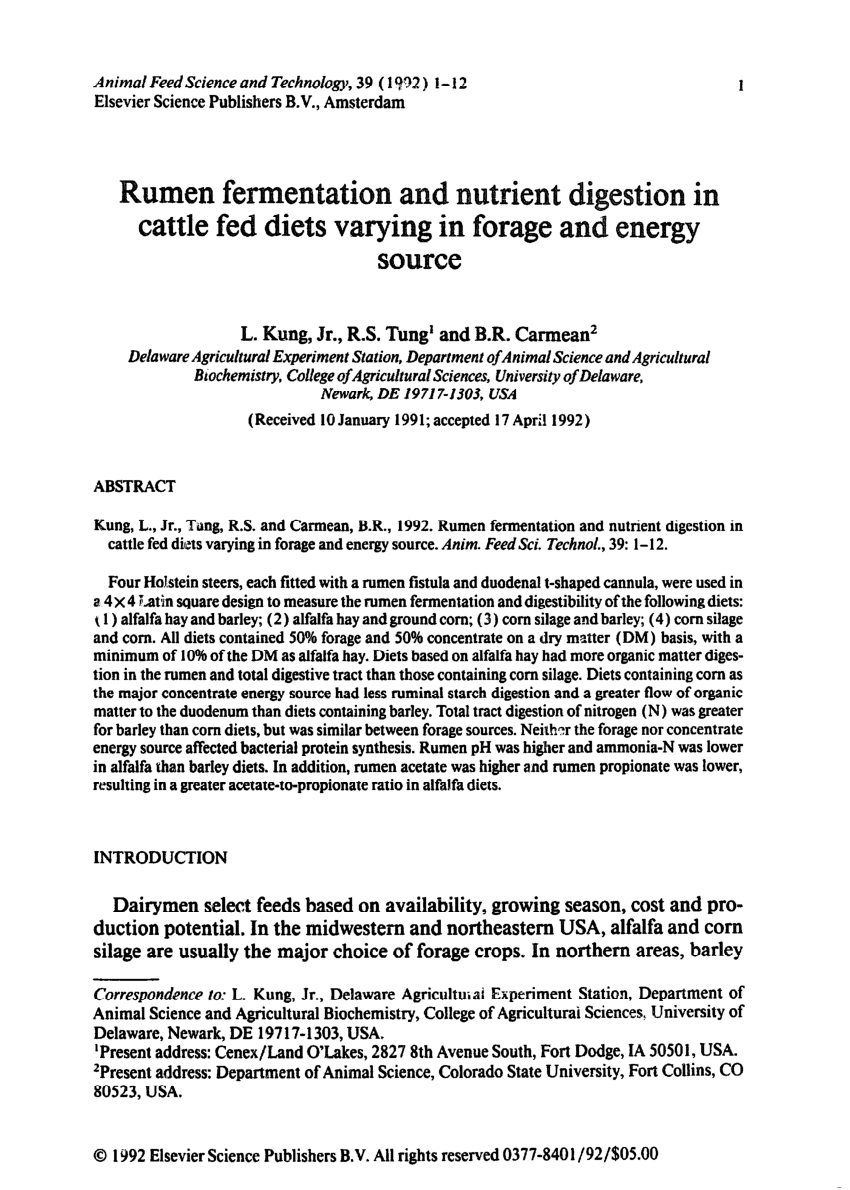 Pdf Rumen Fermentation And Nutrient Digestion In Cattle Fed Diets Varying In Forage And Energy Source