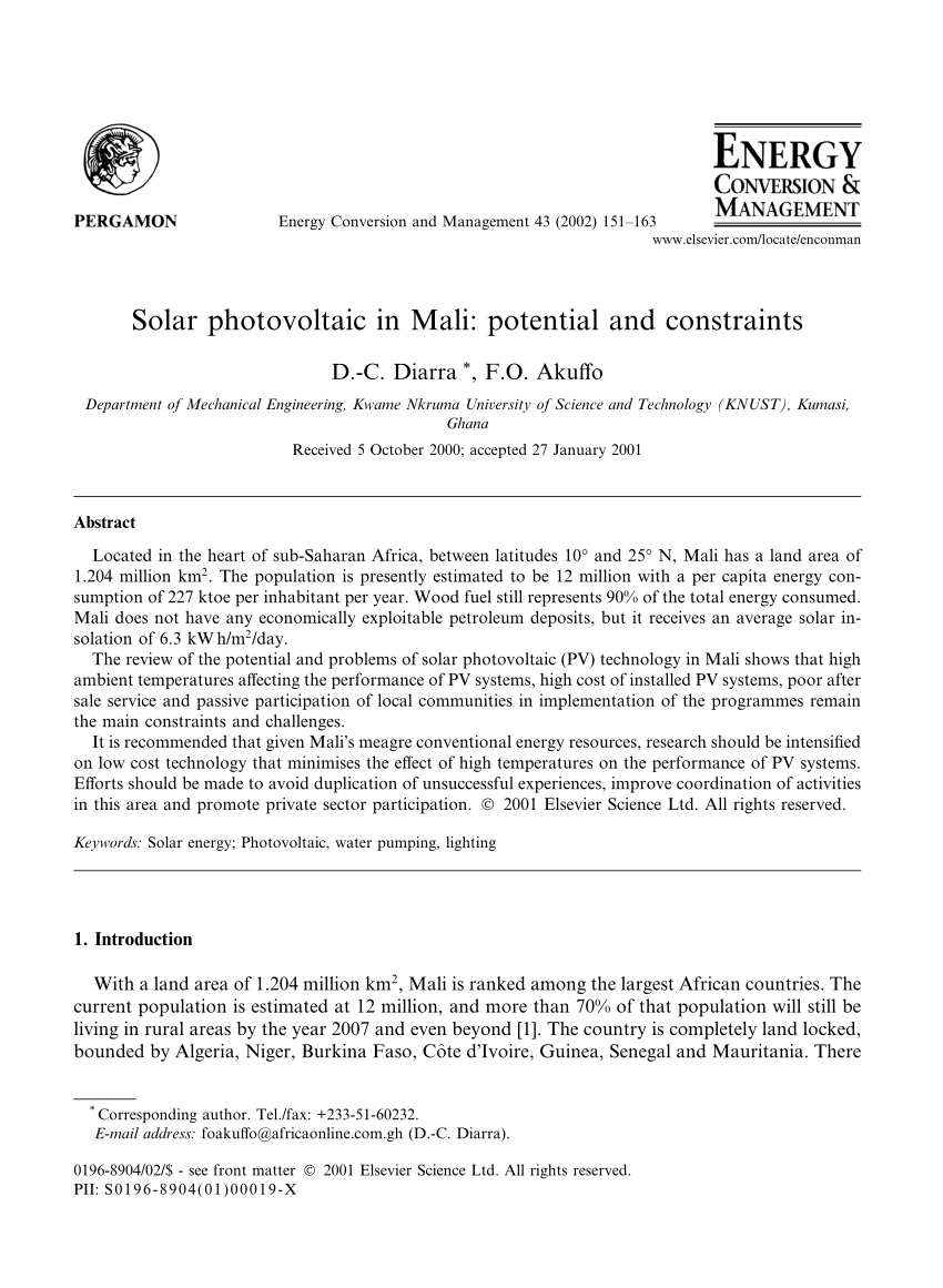 Pdf Solar Photovoltaic In Mali Potential And Constraints