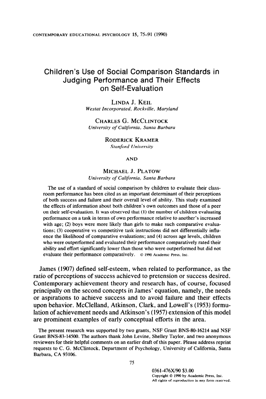 Pdf Children S Use Of Social Comparison Standards In Judging Performance And Their Effects On Self Evaluation