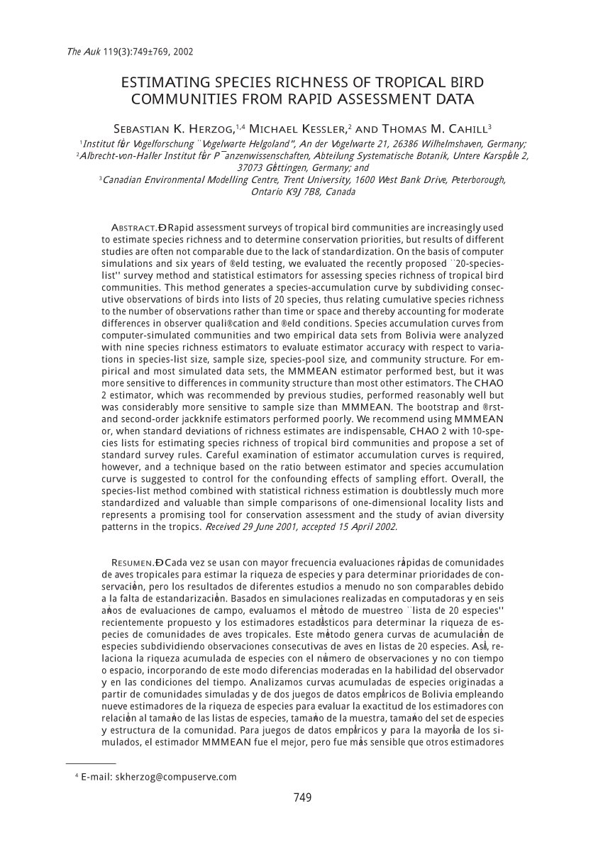 Pdf Estimating Species Richness Of Neotropical Bird Communities From Rapid Assessment Data