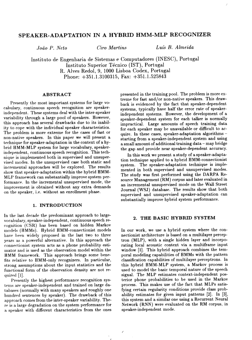 PDF Speaker adaptation in a hybrid HMM MLP recognizer