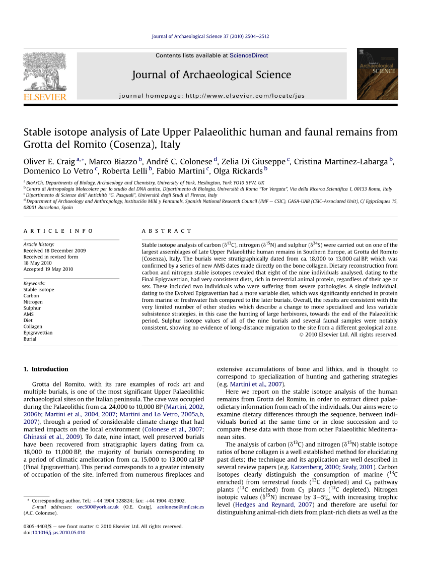Pdf Stable Isotope Analysis Of Late Upper Palaeolithic Human And Faunal Remains From Grotta Del Romito Cosenza Italy