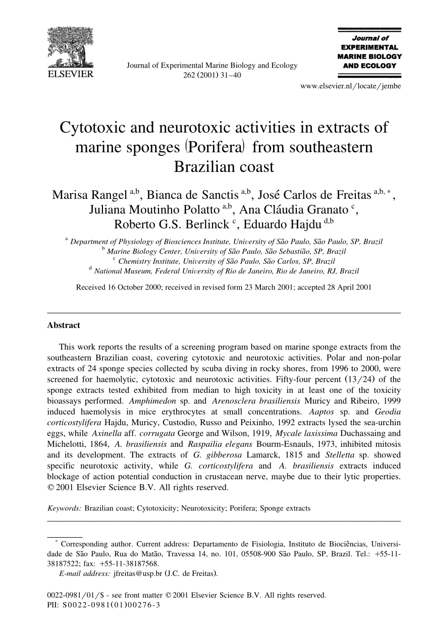 Pdf Cytotoxic And Neurotoxic Activities In Extracts Of Marine Sponges Porifera From Southeastern Brazilian Coast
