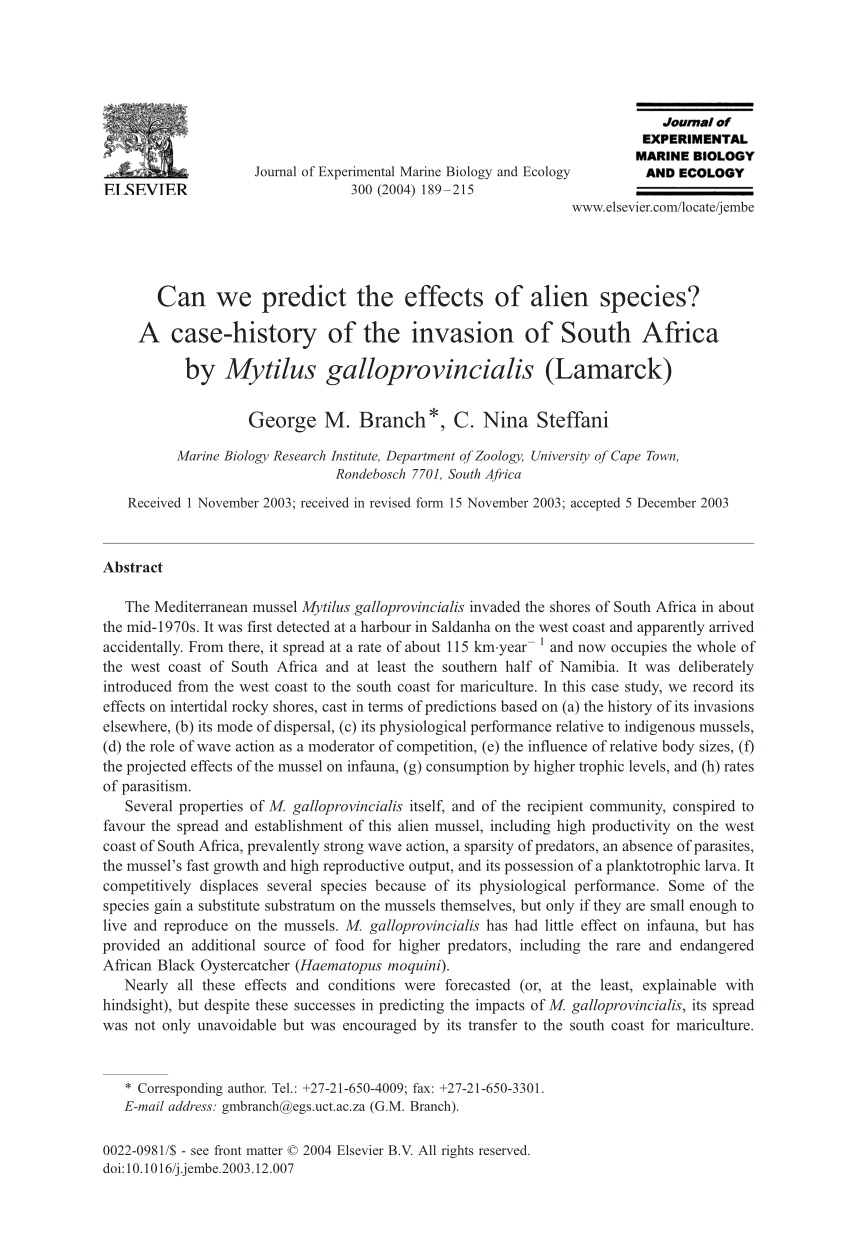 Pdf Can We Predict The Effects Of Alien Species A Case History Of The Invasion Of South Africa By Mytilus Galloprovincialis Lamarck