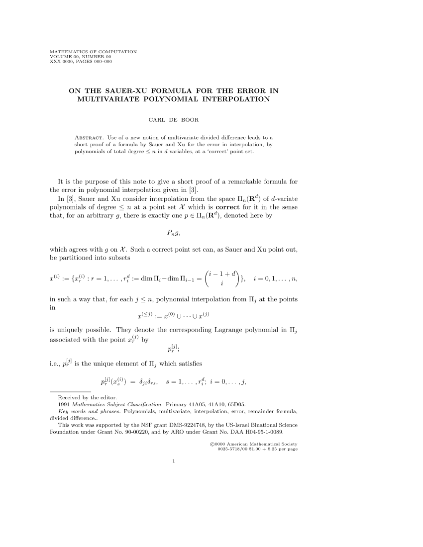 Pdf On The Sauer Xu Formula For The Error In Multivariate Polynomial Interpolation