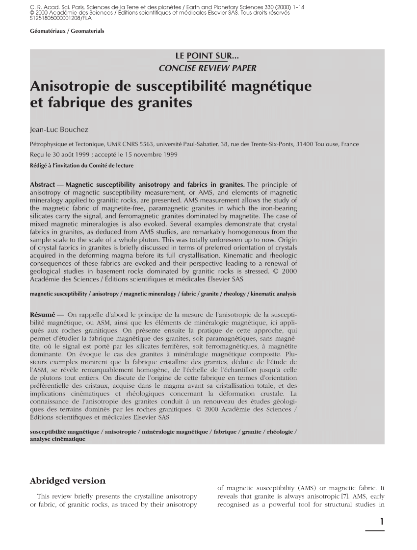 Pdf Anistropie De Susceptibilite Magnetique Et Fabrique Des Granites