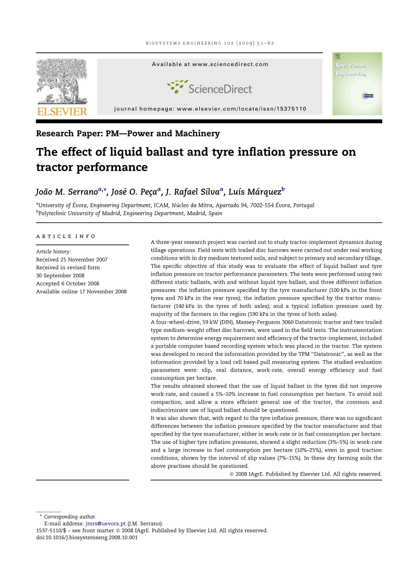 Pdf The Effect Of Liquid Ballast And Tyre Inflation Pressure On Tractor Performance