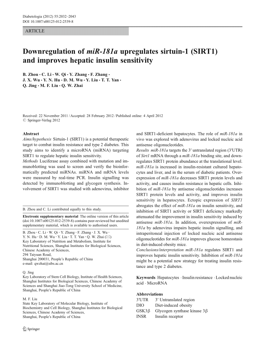 Pdf Downregulation Of Mir 181a Upregulates Sirtuin 1 Sirt1 And Improves Hepatic Insulin Sensitivity