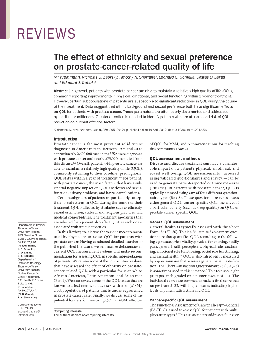 Pdf The Effect Of Ethnicity And Sexual Preference On Prostate Cancer Related Quality Of Life 4361