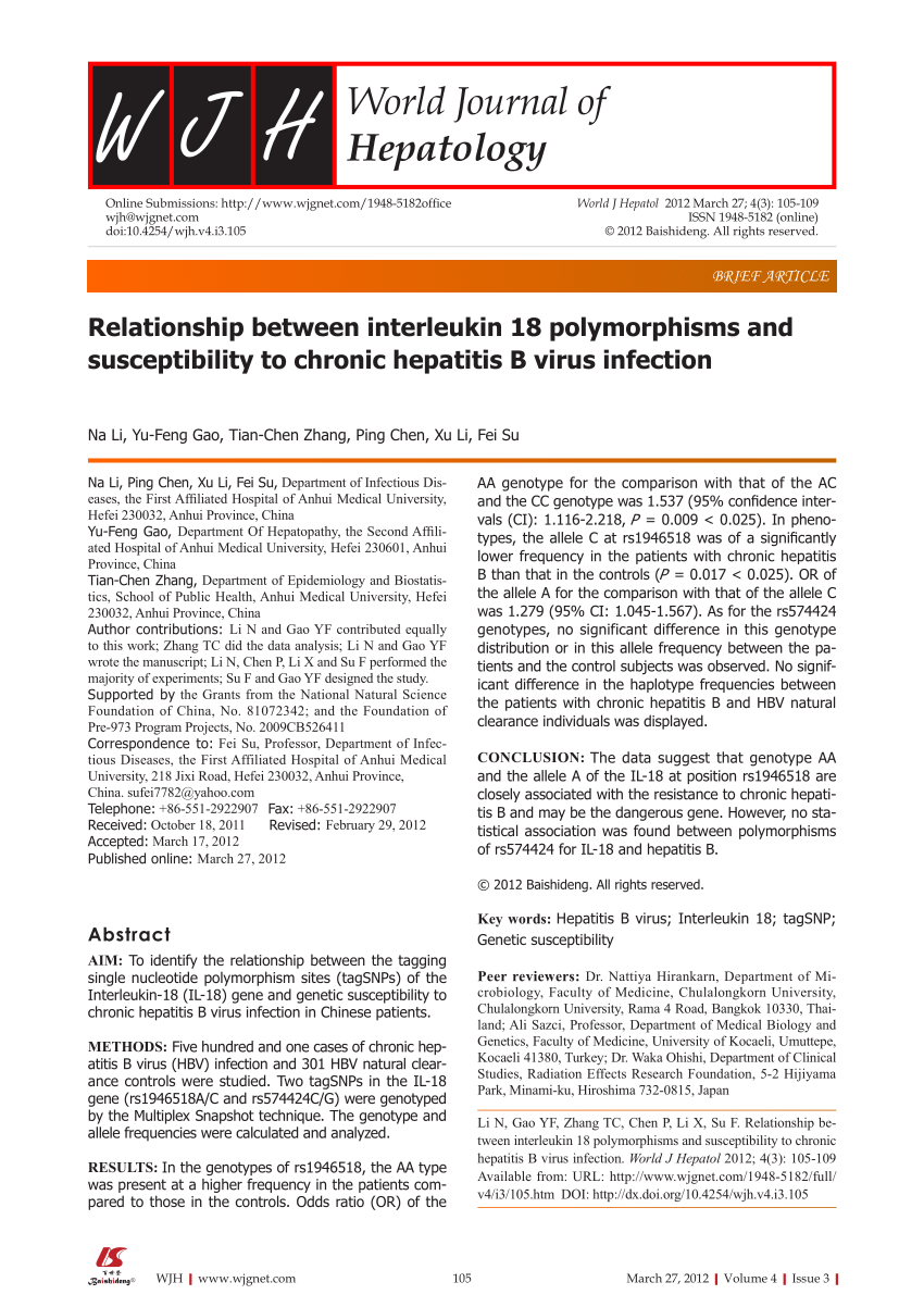 Pdf Relationship Between Interleukin 18 Polymorphisms And Susceptibility To Chronic Hepatitis B Virus Infection
