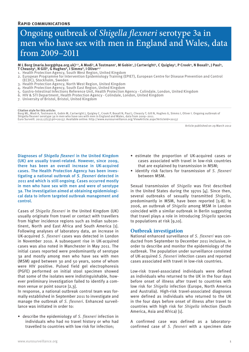 Pdf Ongoing Outbreak Of Shigella Flexneri Serotype 3a In Men Who Have Sex With Men In England 3735