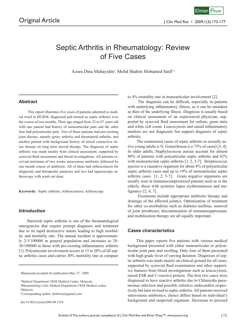 Septic Arthritis: An Evidence-Based Review of Diagnosis and Image