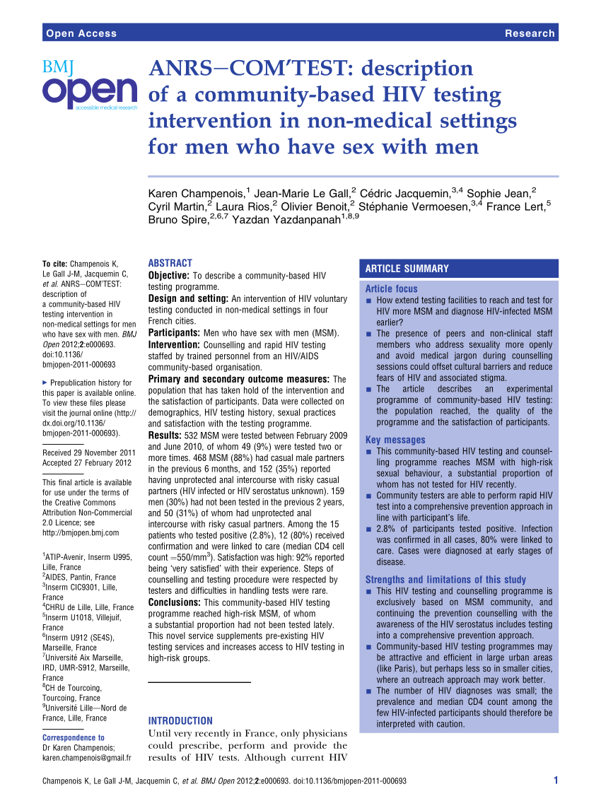 Pdf Anrs Comtest Description Of A Community Based Hiv Testing Intervention In Non Medical 