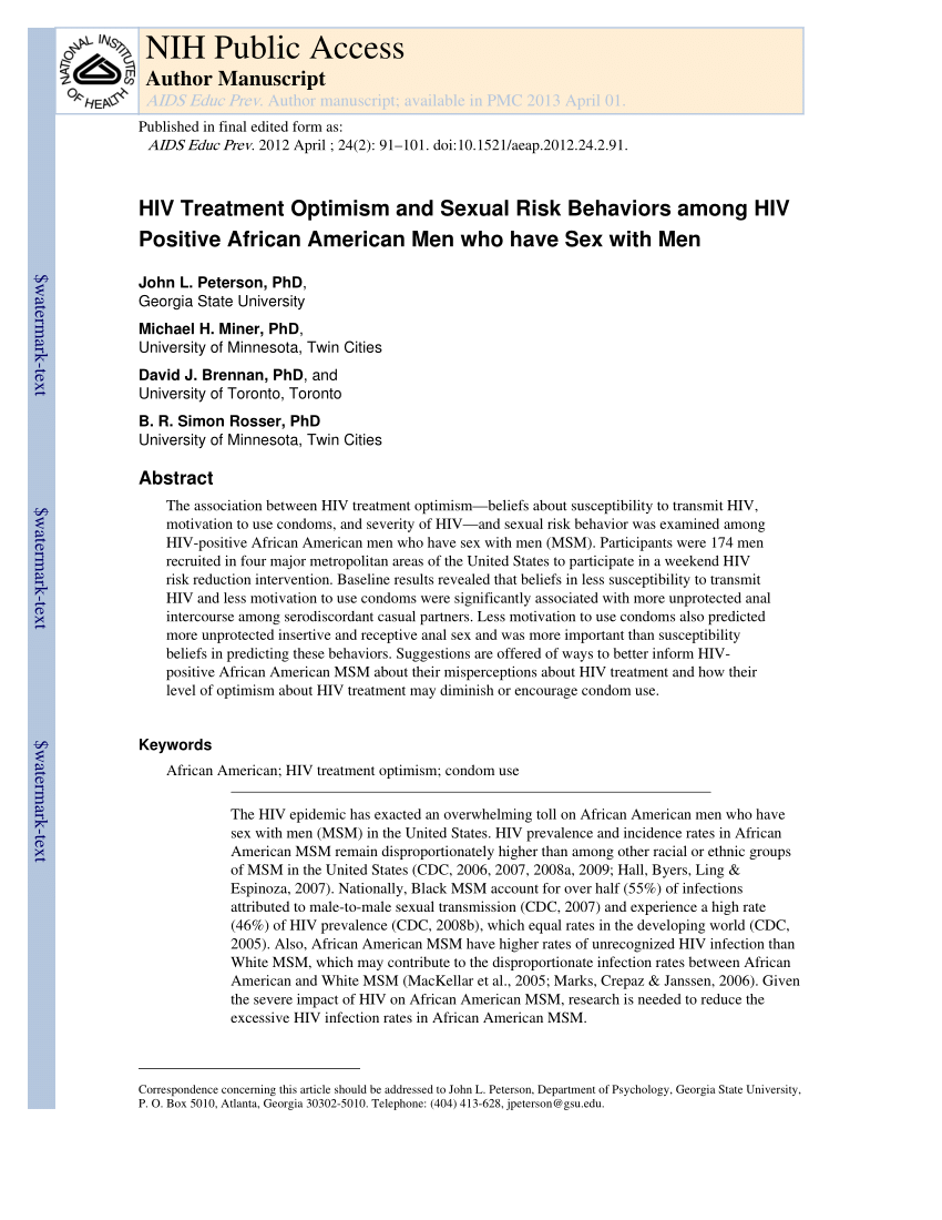 Pdf Hiv Treatment Optimism And Sexual Risk Behaviors Among Hiv Positive African American Men 