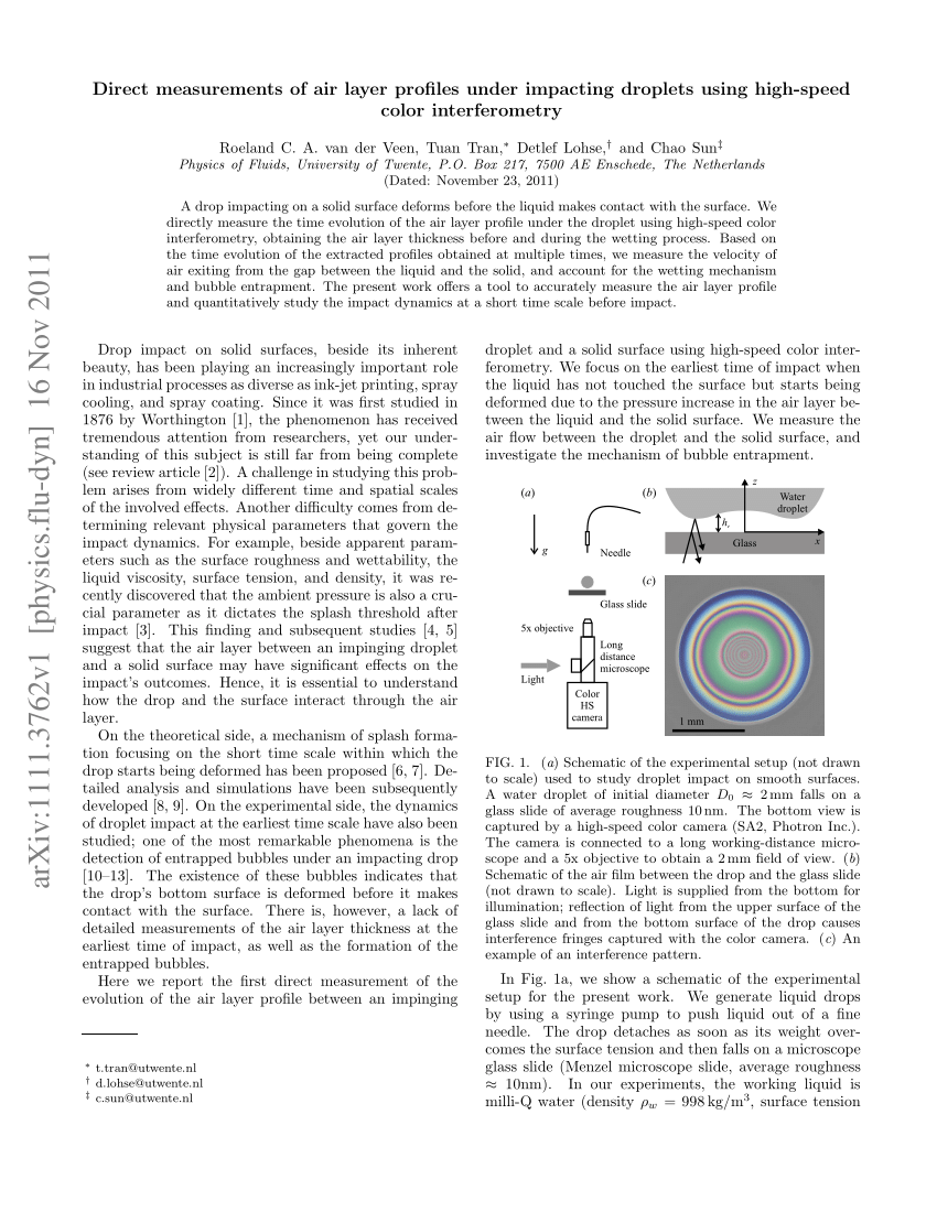 Pdf Direct Measurements Of Air Layer Profiles Under Impacting Droplets Using High Speed Color Interferometry