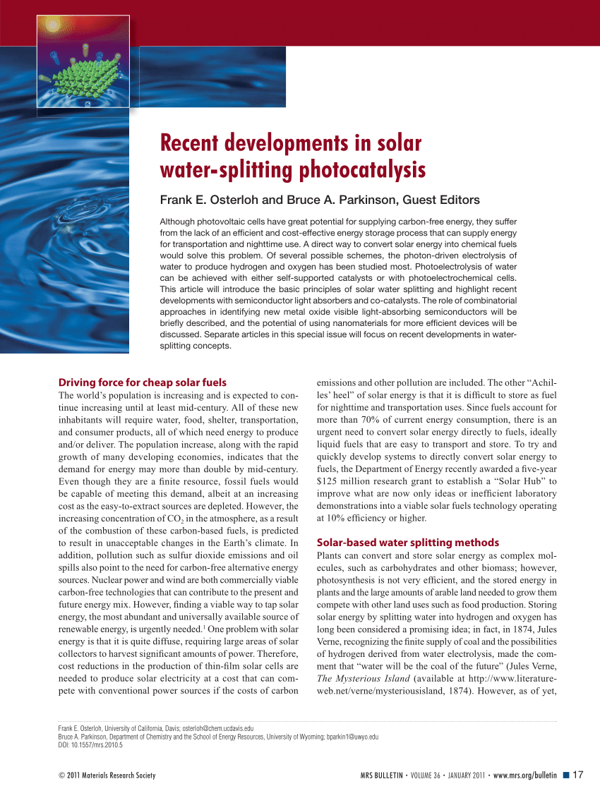 Pdf Recent Developments In Solar Water Splitting Photocatalysis - 