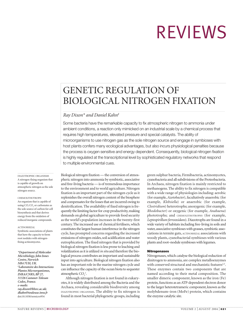 PDF) Genetic regulation of biological nitrogen fixation