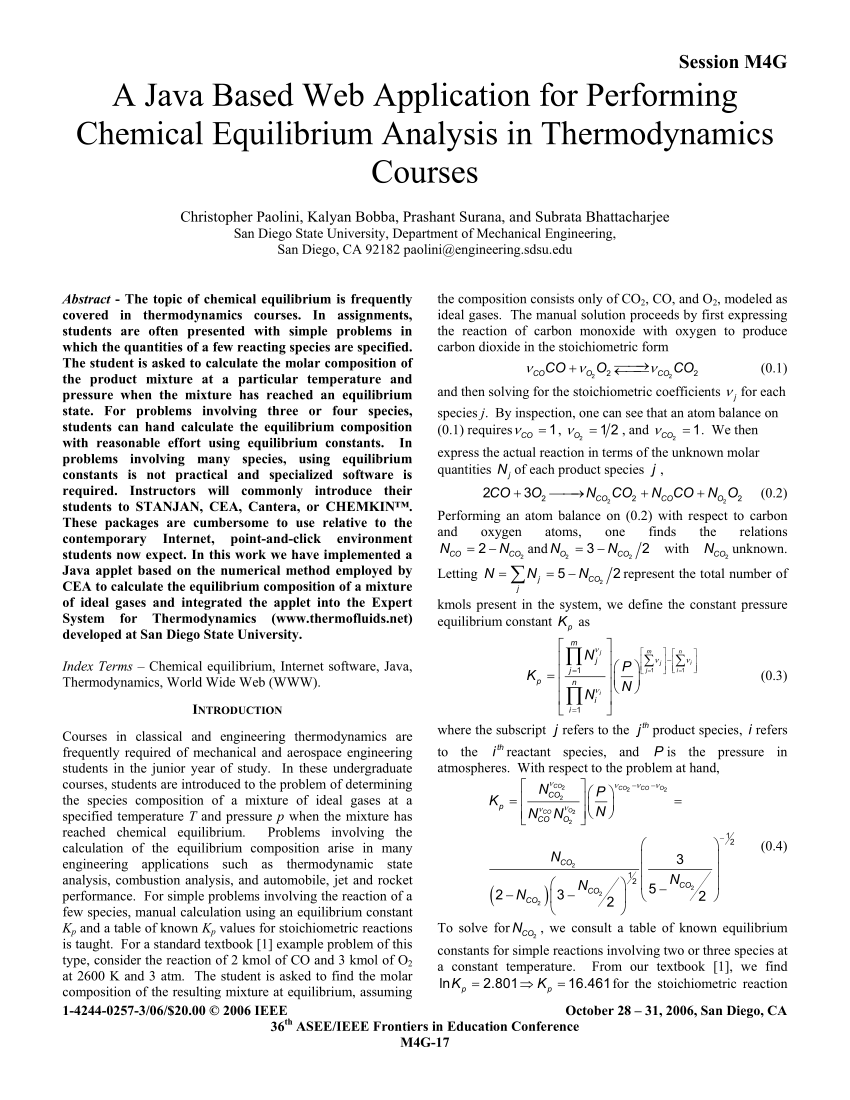 Pdf A Java Based Web Application For Performing Chemical Equilibrium Analysis In Thermodynamics Courses