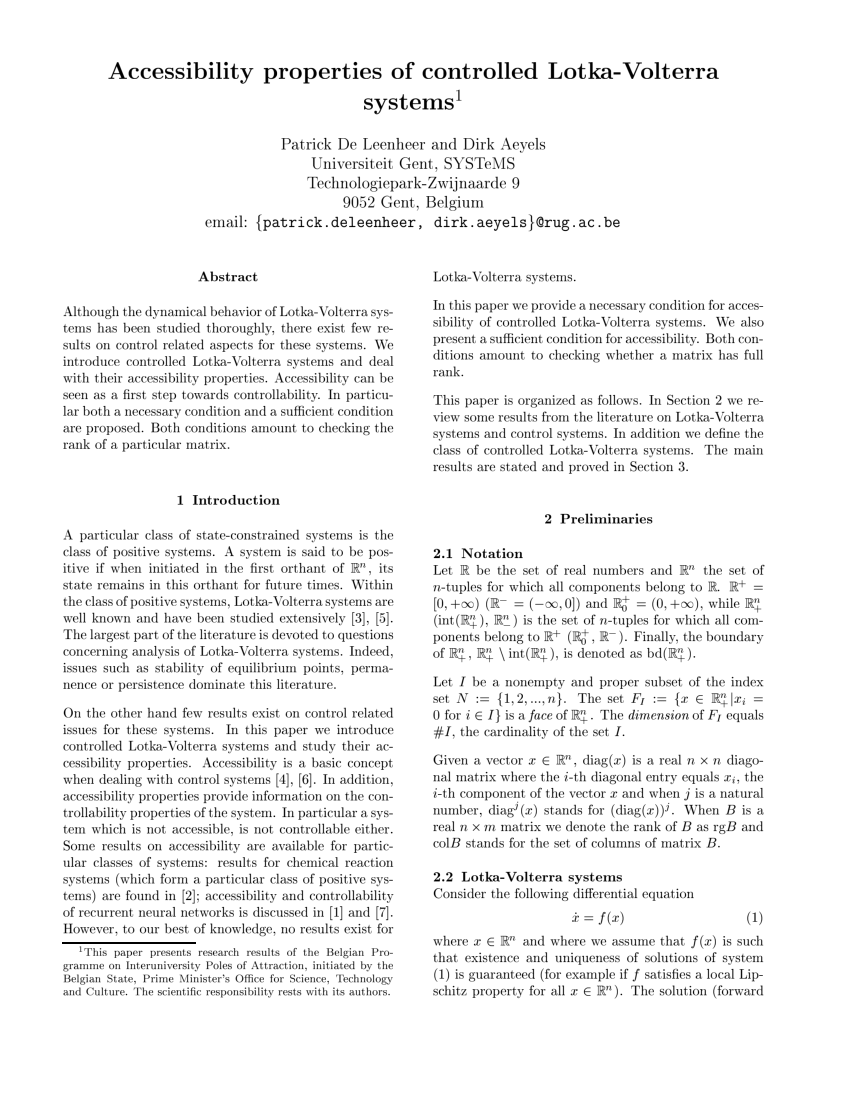 Pdf Accessibility Properties Of Controlled Lotka Volterra Systems