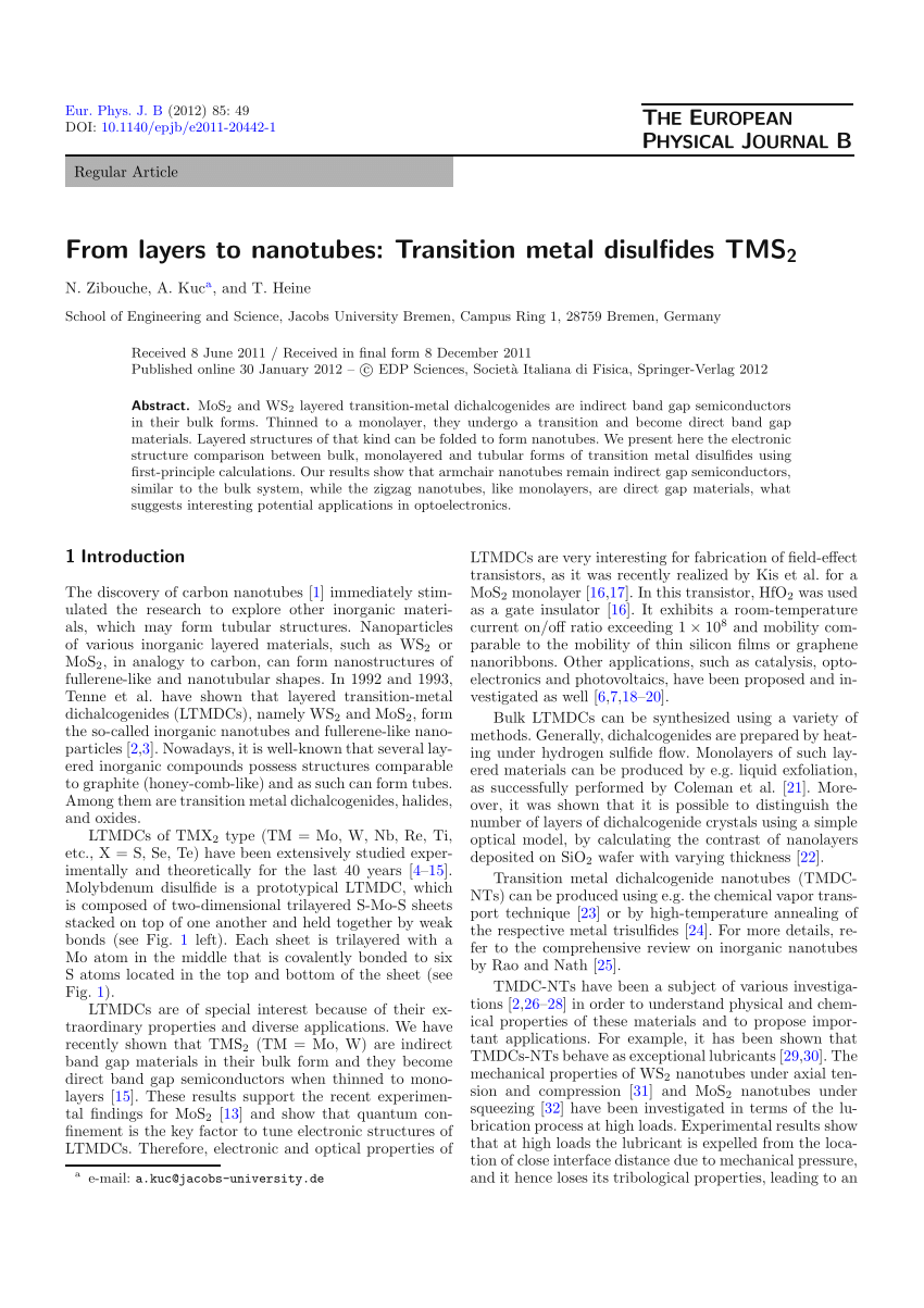 Pdf From Layers To Nanotubes Of Transition Metal Disulfides