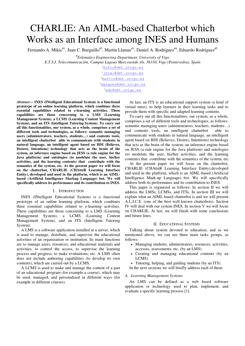 Pdf Charlie An Aiml Based Chatterbot Which Works As An Interface Among Ines And Humans