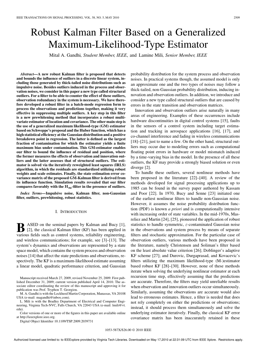 Kalman filter maximum likelihood estimation