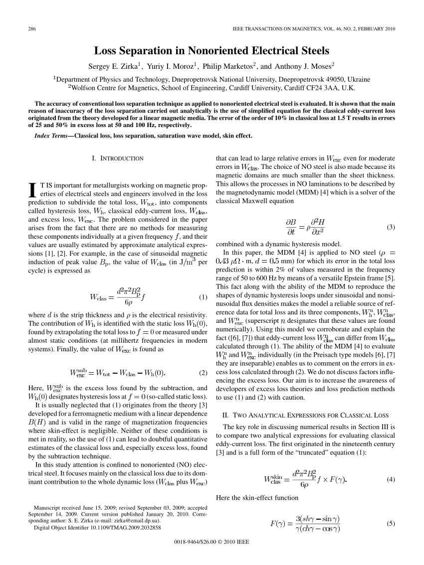 (PDF) Loss Separation in Nonoriented Electrical Steels