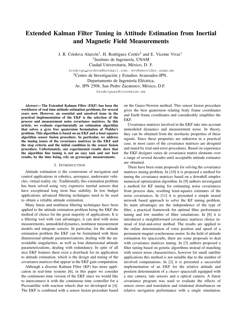 Pdf Extended Kalman Filter Tuning In Attitude Estimation From Inertial And Magnetic Field Measurements