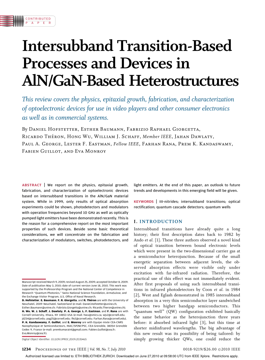 Pdf Intersubband Transition Based Processes And Devices In Aln Gan Based Heterostructures