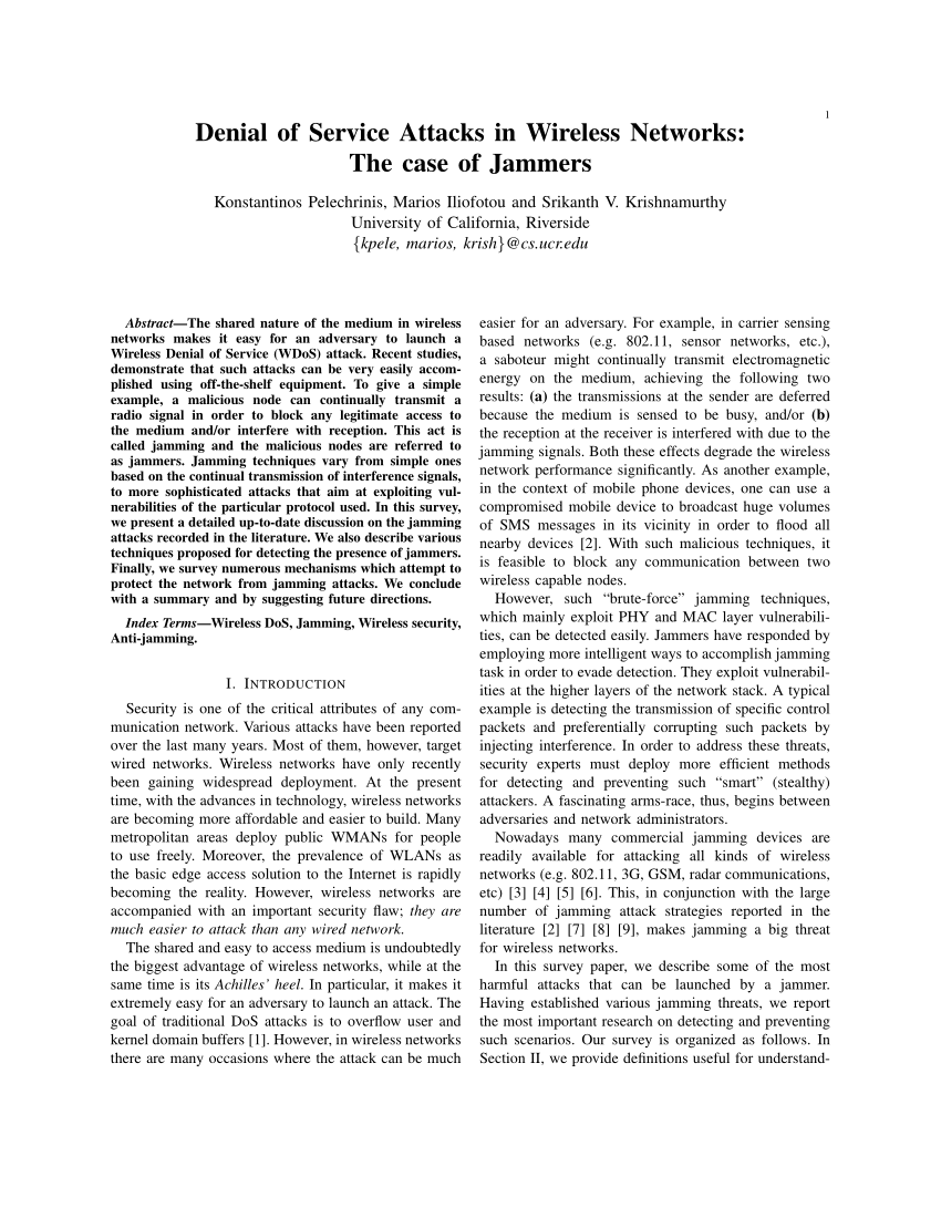 PDF) Denial of Service Attacks in Wireless Networks: The Case of Jammers