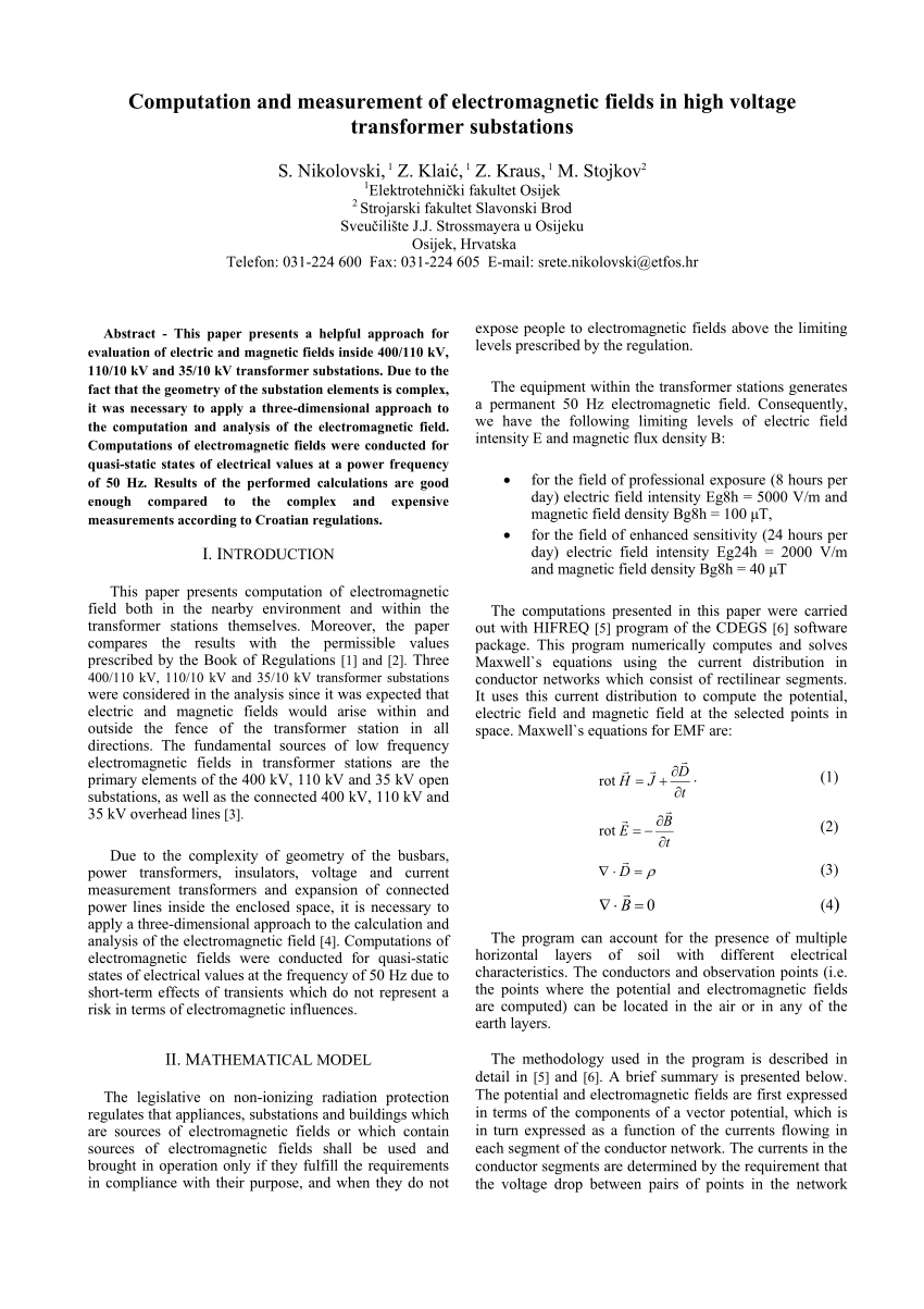 Pdf Computation And Measurement Of Electromagnetic Fields In High Voltage Transformer Substations
