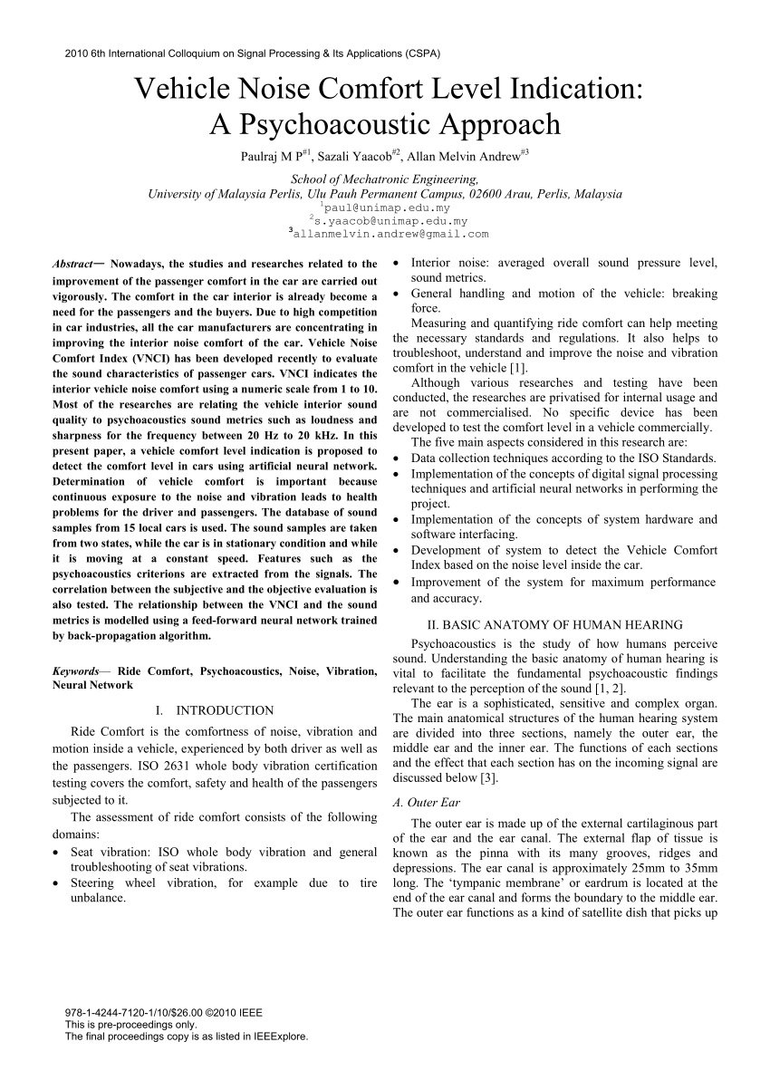 Pdf Vehicle Noise Comfort Level Indication A Psychoacoustic Approach