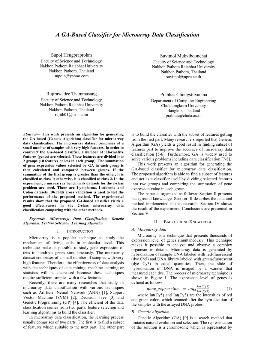 Pdf A Ga Based Classifier For Microarray Data Classification