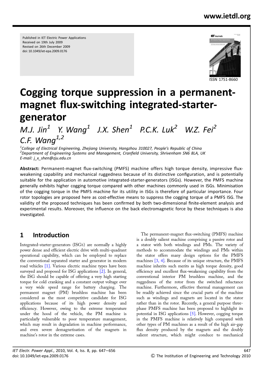 Pdf Cogging Torque Suppression In A Permanentmagnet Flux Switching Integrated Starter Generator