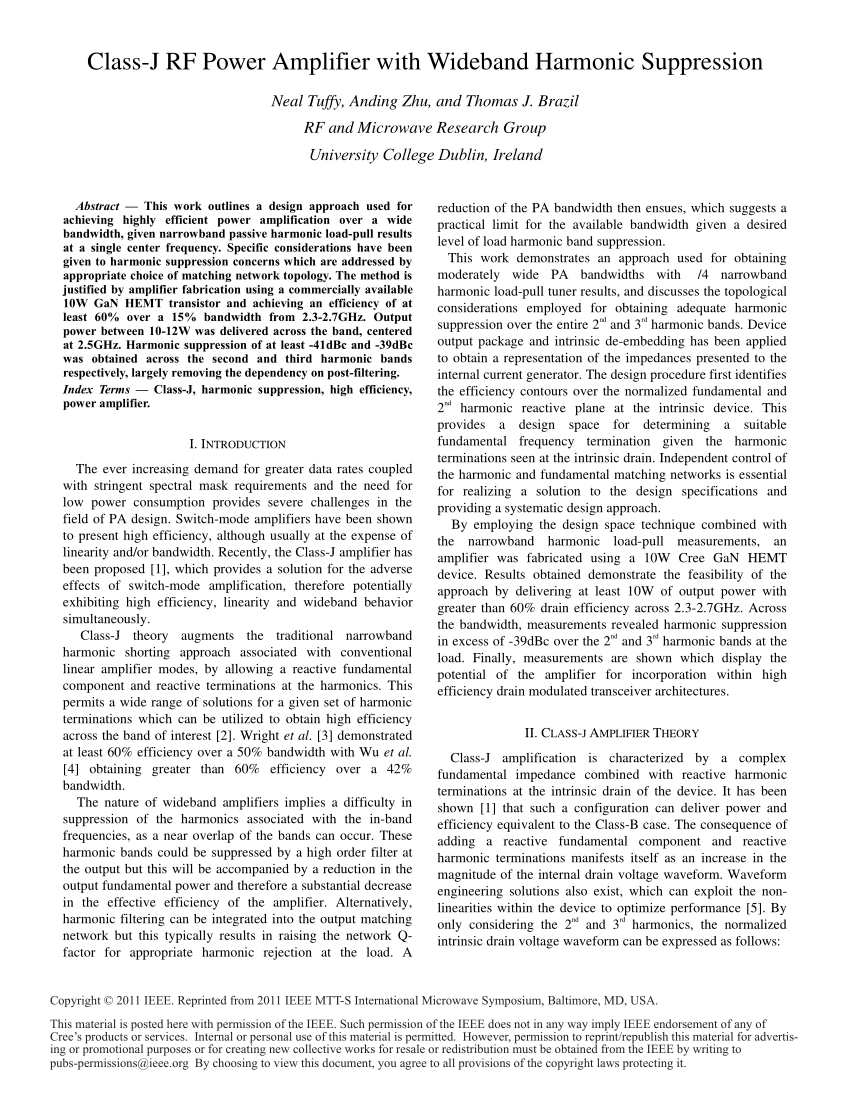 Pdf Class J Rf Power Amplifier With Wideband Harmonic Suppression