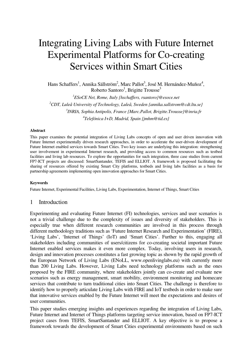 Pdf Integrating Living Labs With Future Internet Experimental Platforms For Co Creating Services Within Smart Cities