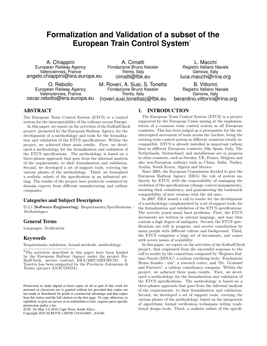 Nominering wafer huh PDF) Formalization and validation of a subset of the European Train Control  System