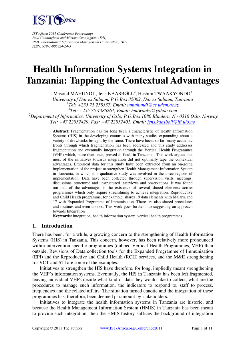 Pdf Health Information Systems Integration In Tanzania Tapping The Contextual Advantages