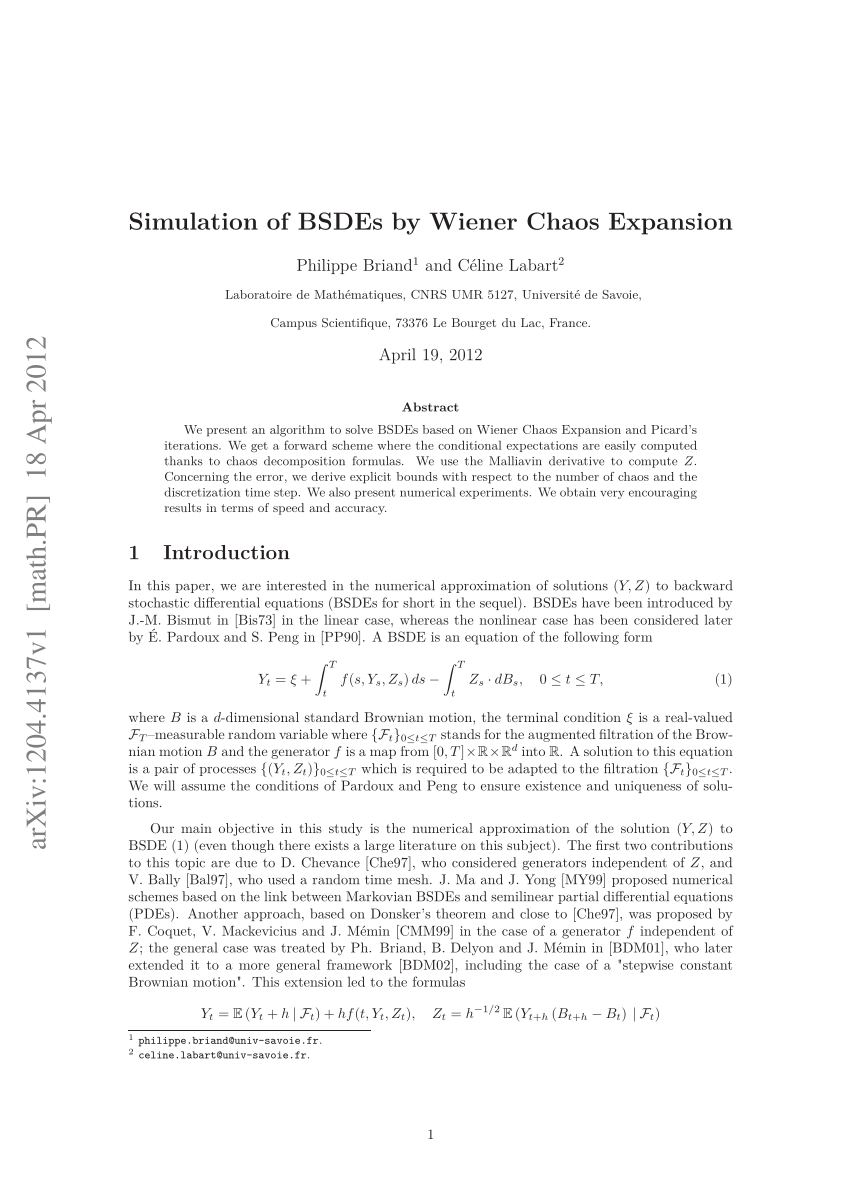 Pdf Simulation Of Bsdes With Jumps By Wiener Chaos Expansion