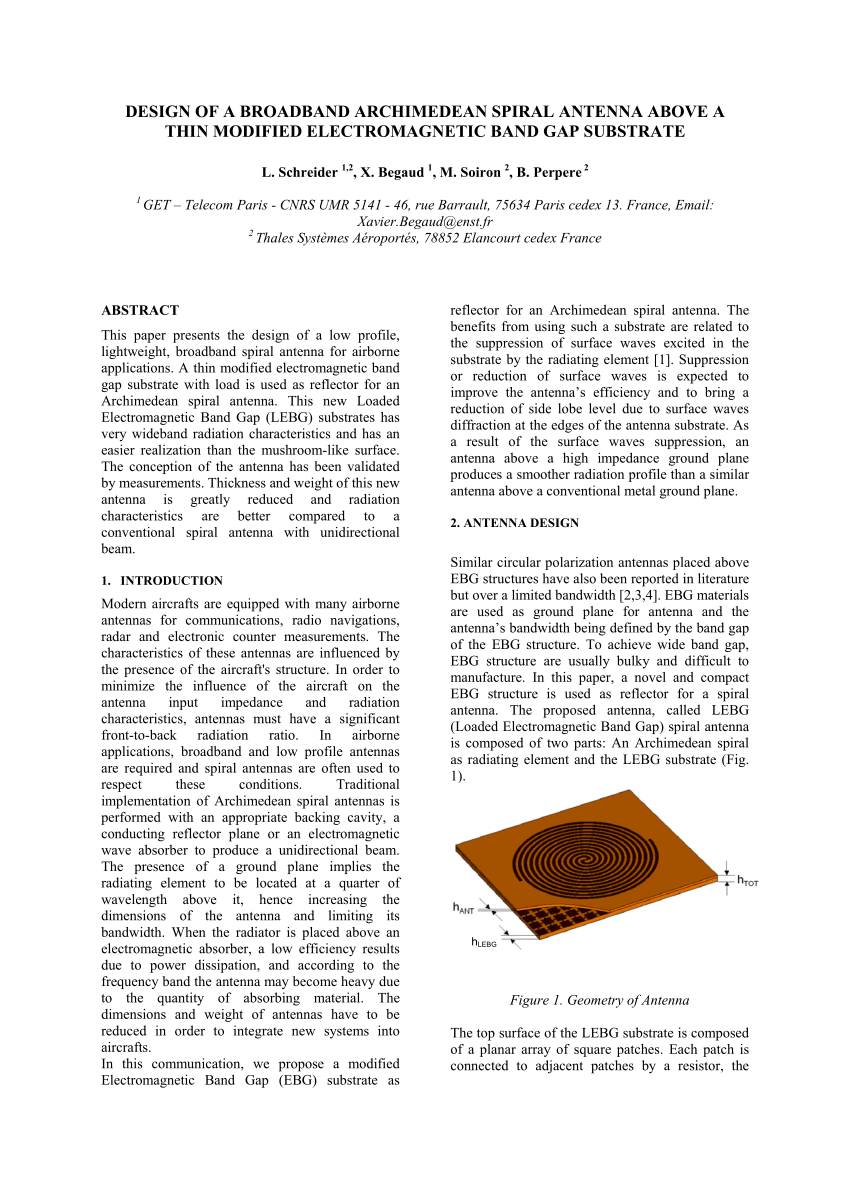 Pdf Design Of A Broadband Archimedean Spiral Antenna Above A Thin Modified Electromagnetic Band Gap Substrate