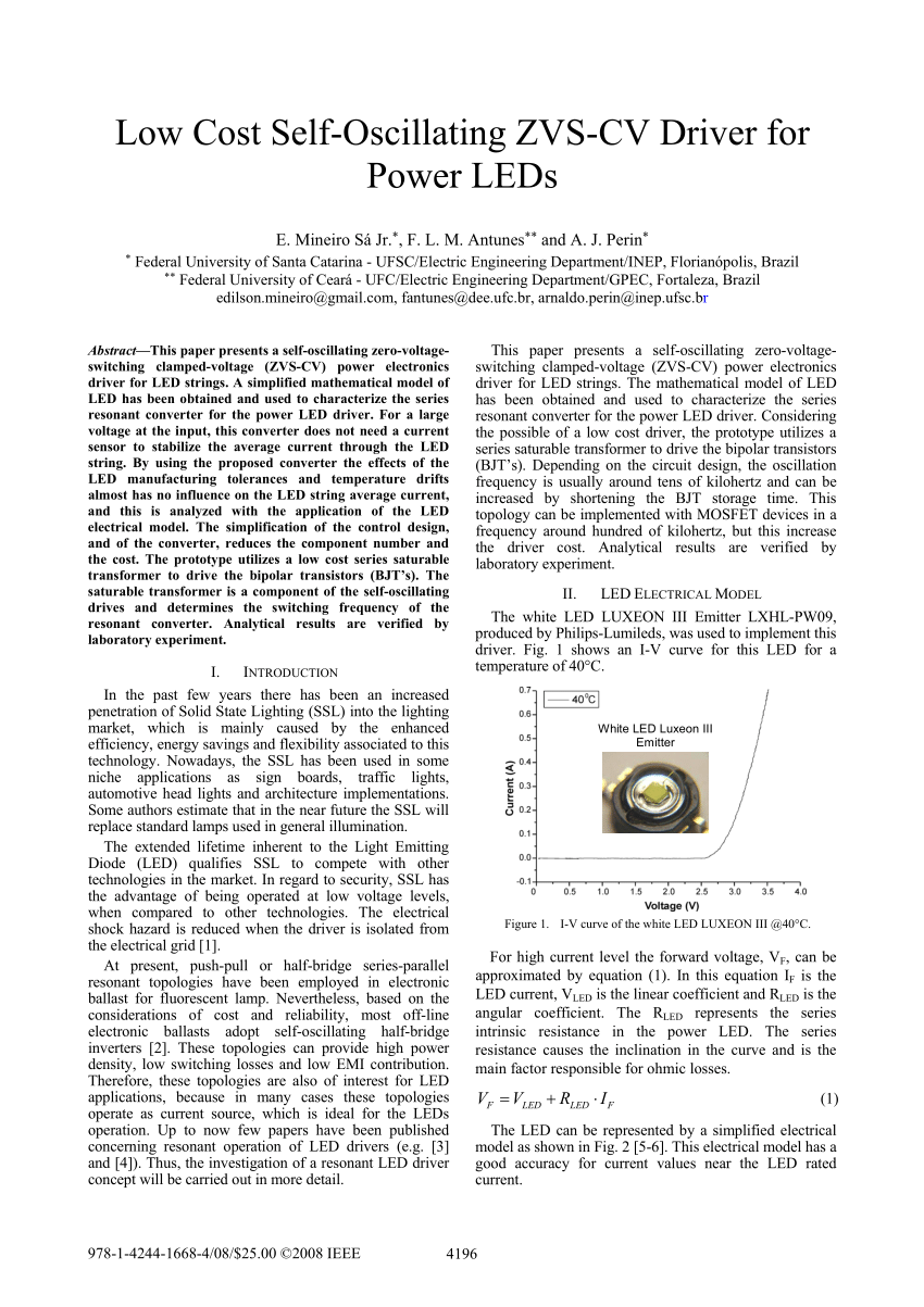 Pdf Low Cost Self Oscillating Zvs Cv Driver For Power Leds