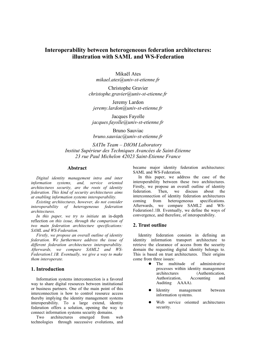 Pdf Interoperability Between Heterogeneous Federation Architectures Illustration With Saml And Ws Federation