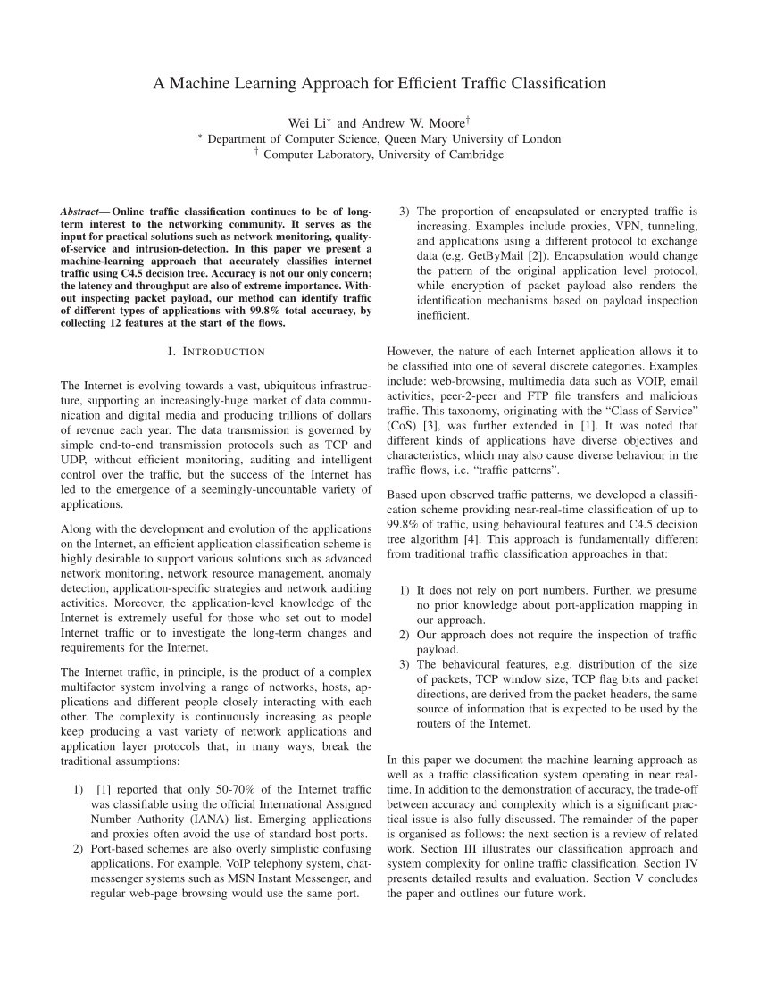 PDF) A Machine Learning Approach for Efficient Traffic Classification